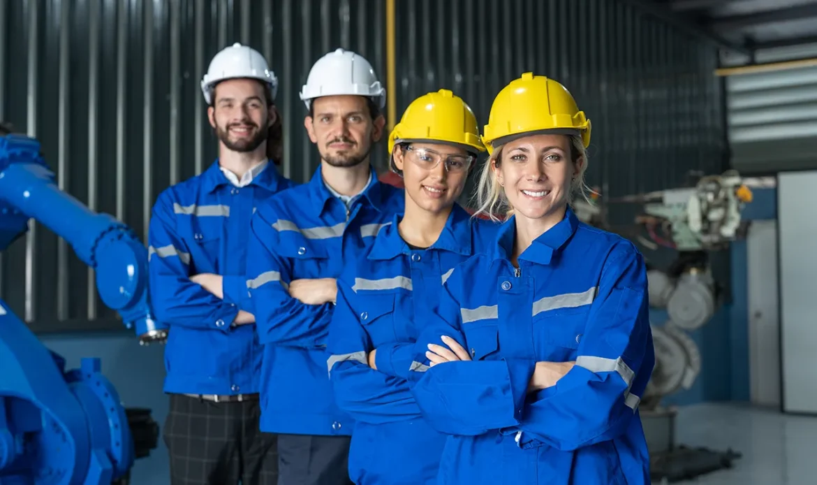 Manufacturing crew in custom uniforms from a Texas uniform company