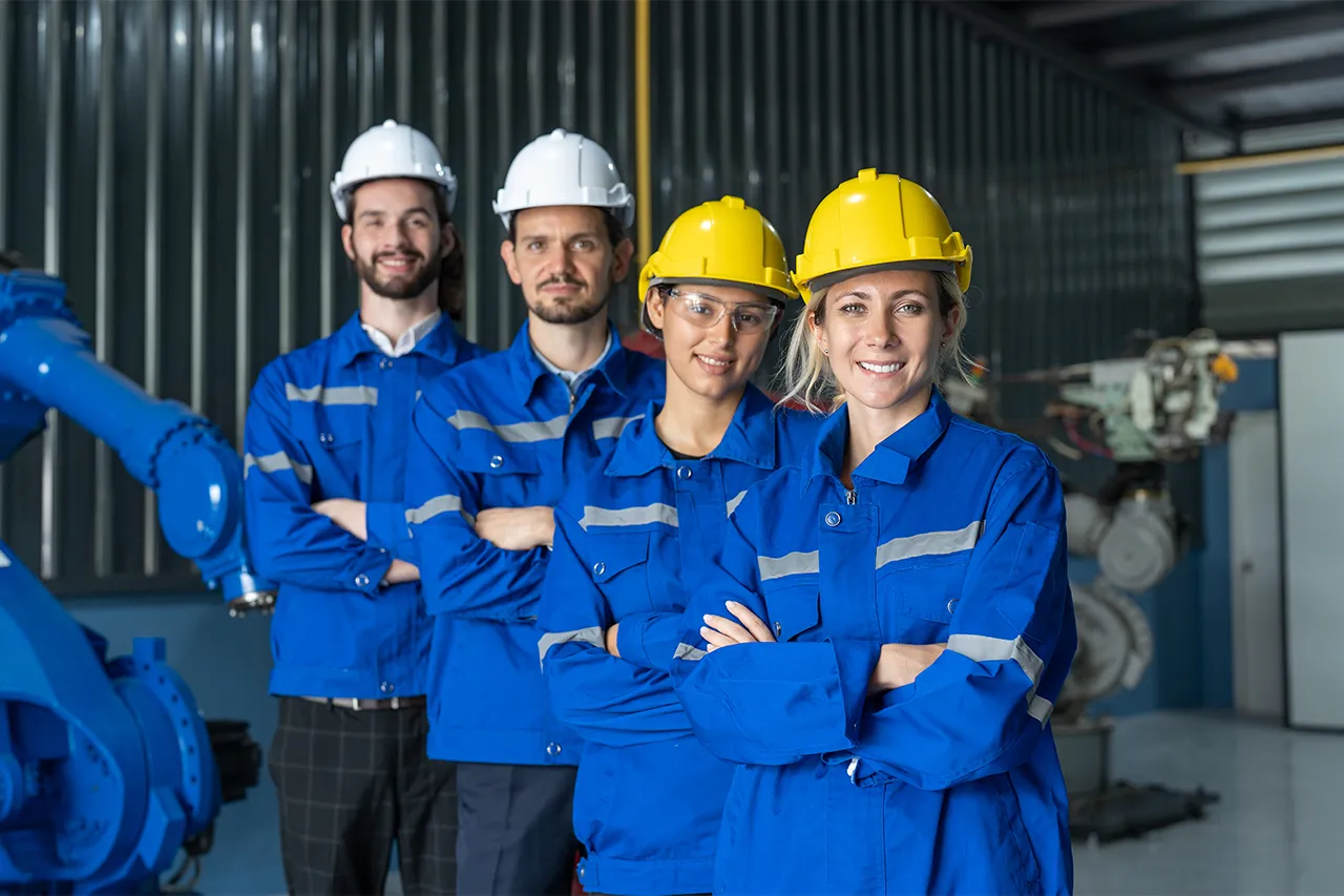 Manufacturing crew in custom uniforms from a Texas uniform company