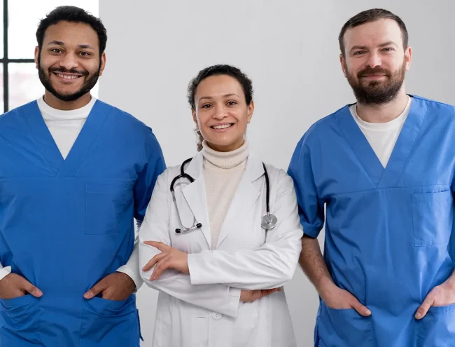 Healthcare workers wearing professional custom uniforms at a Texas clinic